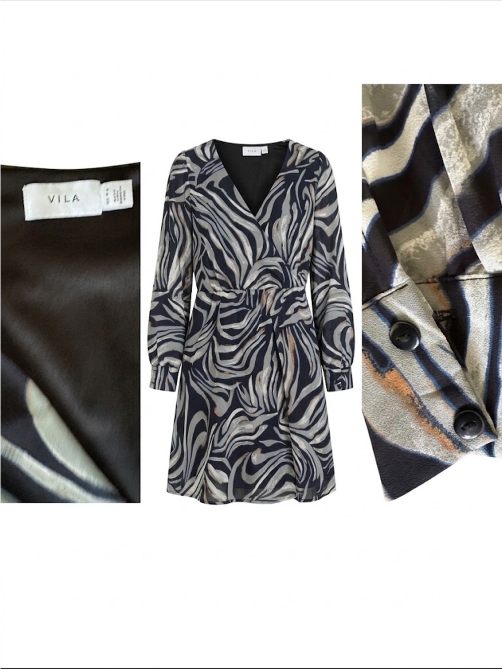 VILA Navy and Cream Abstract Wrap Dress